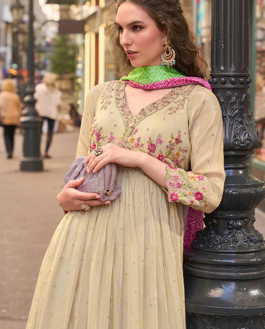 PINK - Designer Beige Pink Floral Embroidered Indo Western Simar Silk Anarkali Gown